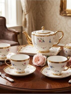 Gold-Trim Floral Porcelain Tea Set - Teapot & Cups